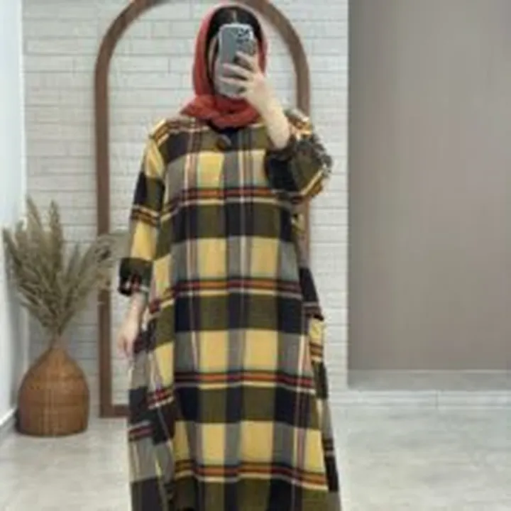 پیراهن کعبه پاییزی چهارخونه قهوه ای لیمویی