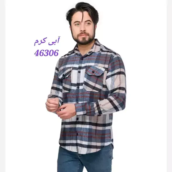 پیراهن اسپرت پشمی مردانه چهارخونه آستین بلند رنگ طوسی کرم 46305 آبی کرمی 46306 سایز 4XL، XL، XXL، XXXL