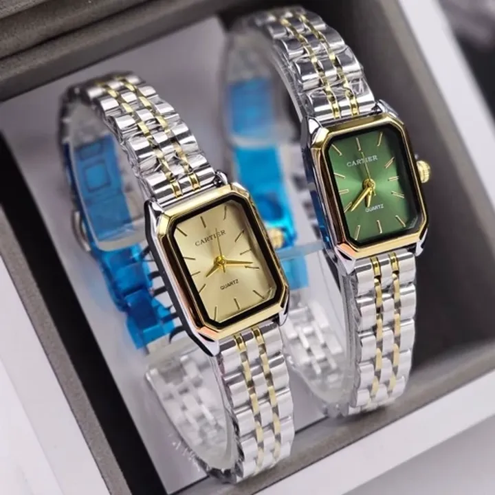 ساعت مچی زنانه کارتیه CARTIER کیفیت عالی بند استیل دو رنگ صفحه نمایش مستطیلی سبز-طلایی کد9446