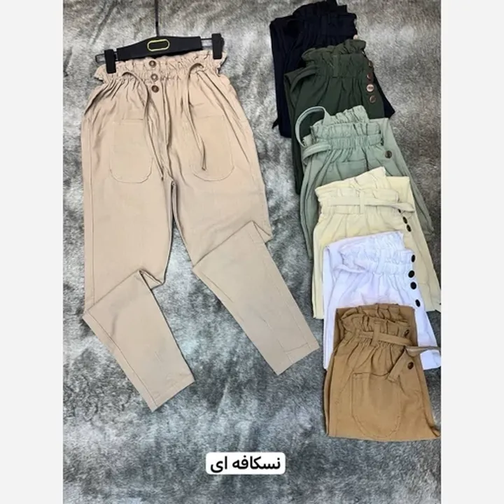 شلوار مام  کتان کش کمر هویچی بنددار فول کش پنبه فیت قد 90