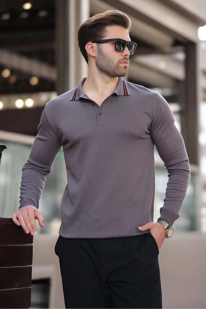 Madmextپلیور آستین بلند دکمه دار یقه پولو خاکستری