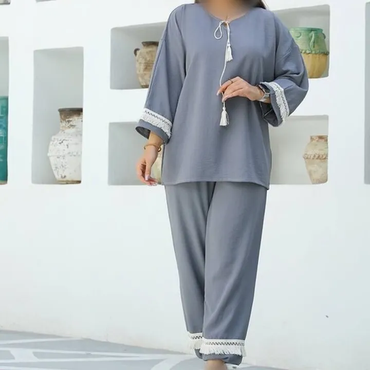 تونیک و شلوار تابستانه اسپرت مانتو و شلوار تابستانه اسپرت شیک مجلسی بیرونی فری سایز مشکی سبز آبی نسکافه ای 