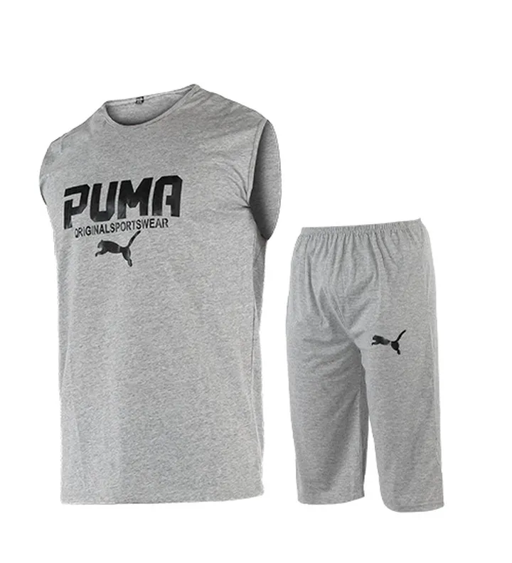 ست رکابی و شلوارک مردانه طوسی Puma یقه گرد