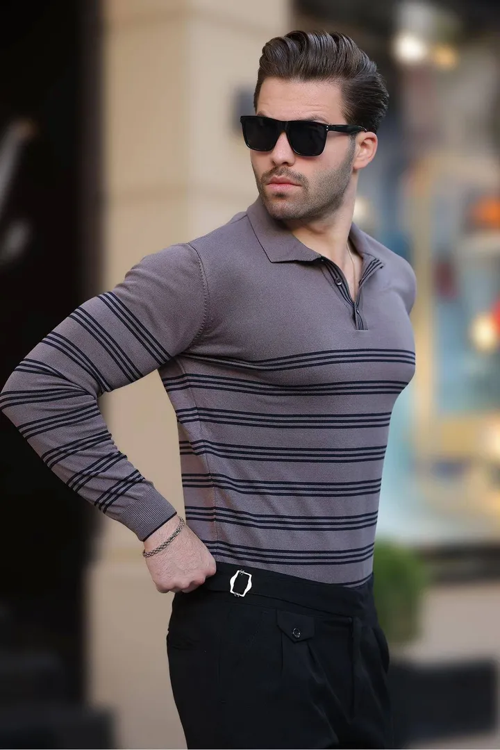 Madmextپلیور آستین بلند راه راه یقه پولو با دکمه خاکستری