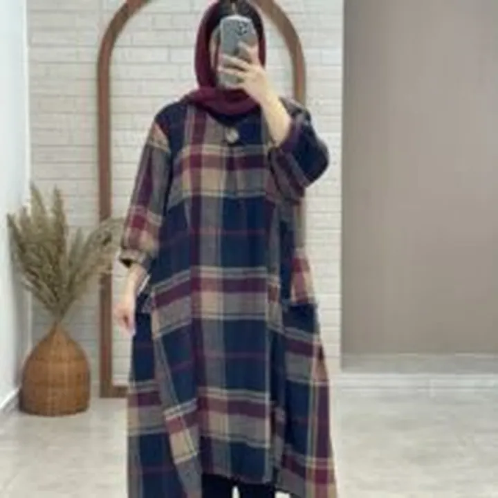 پیراهن کعبه پاییزی چهارخونه زرشکی کرم