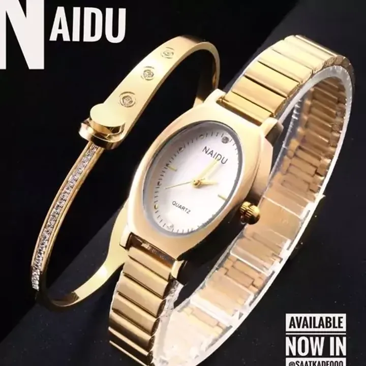 ساعت مچی زنانه نایدو Naidu صفحه نمایش بیضی سفید بند استیل کرکره ایی طلایی کد 9112