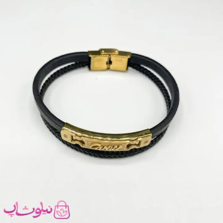 دستبند مردانه طرح کارتیه چرم دو لاین مشکی طلایی کد 1188