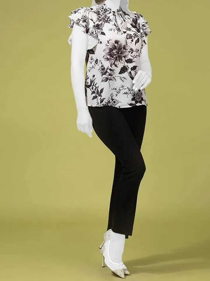 بلوز زنانه کرپ حریر طرح دار آستین چین دار نرمین مشکی