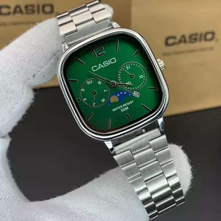 ساعت مچی مردانه کاسیو مربعی casio کلاسیک بند استیل نقره ایی صفحه نمایش سبز موتور ژاپن طرح دو موتوره ت�قویم دار کد2812