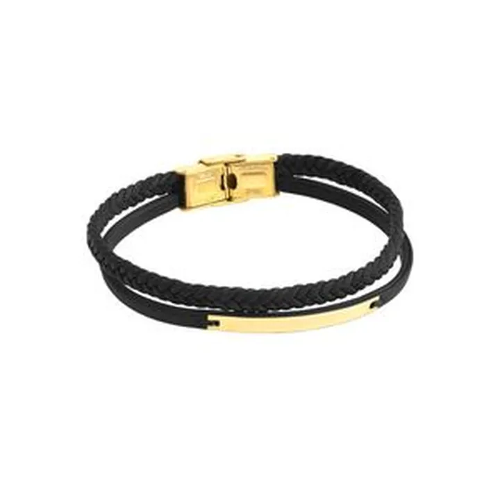 دستبند طلا 18 عیار مردانه با بند چرمی ماوی گالری مدل مستطیل و بافت