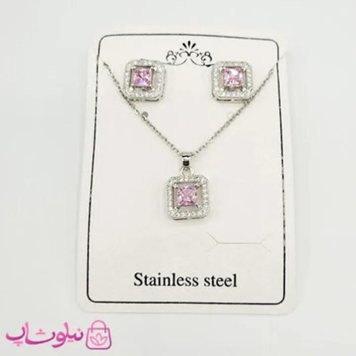 نیم ست زنانه جواهری با کریستال مربعی صورتی کد 228