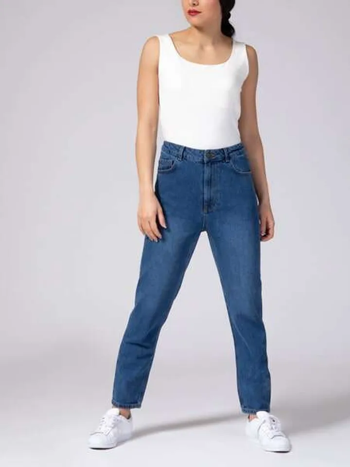 شلوار جین مام استایل فاق بلند لیوزا - آبی تیره,