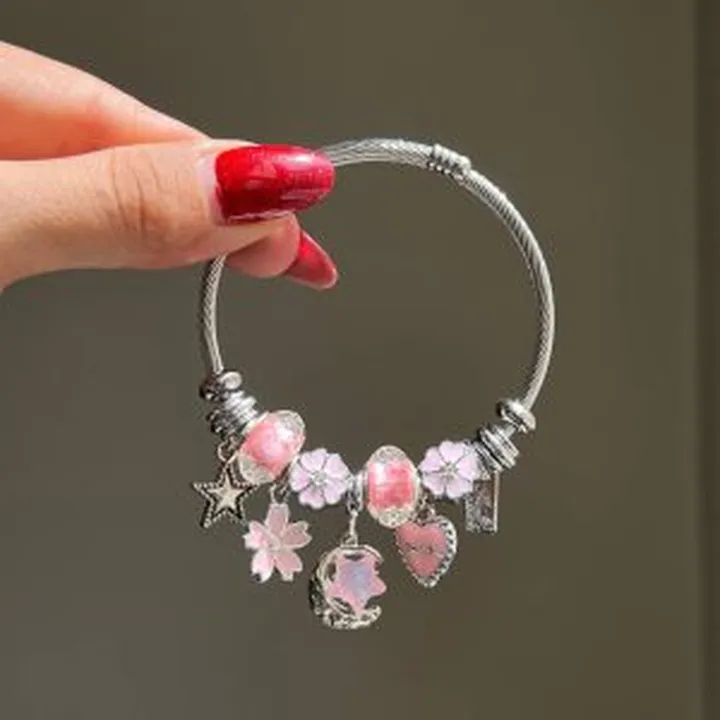 دستبند پاندورا صورتی طرح ماه و ستاره