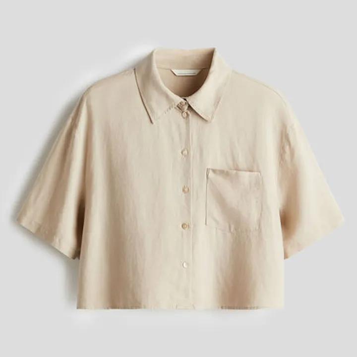 شومیز لینن آستین کوتاه جیبی اچ اند ام