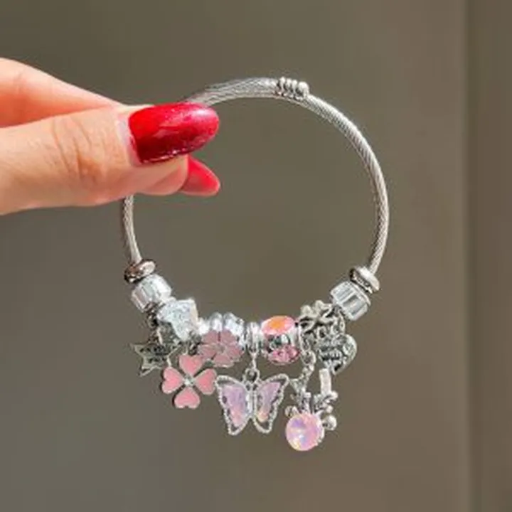 دستبند پاندورا صورتی طرح پروانه