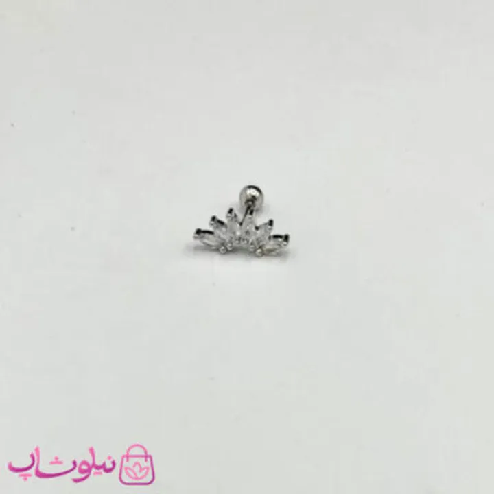 پیرسینگ گوش طرح تاج پرنگین سفید نقره ای کد
