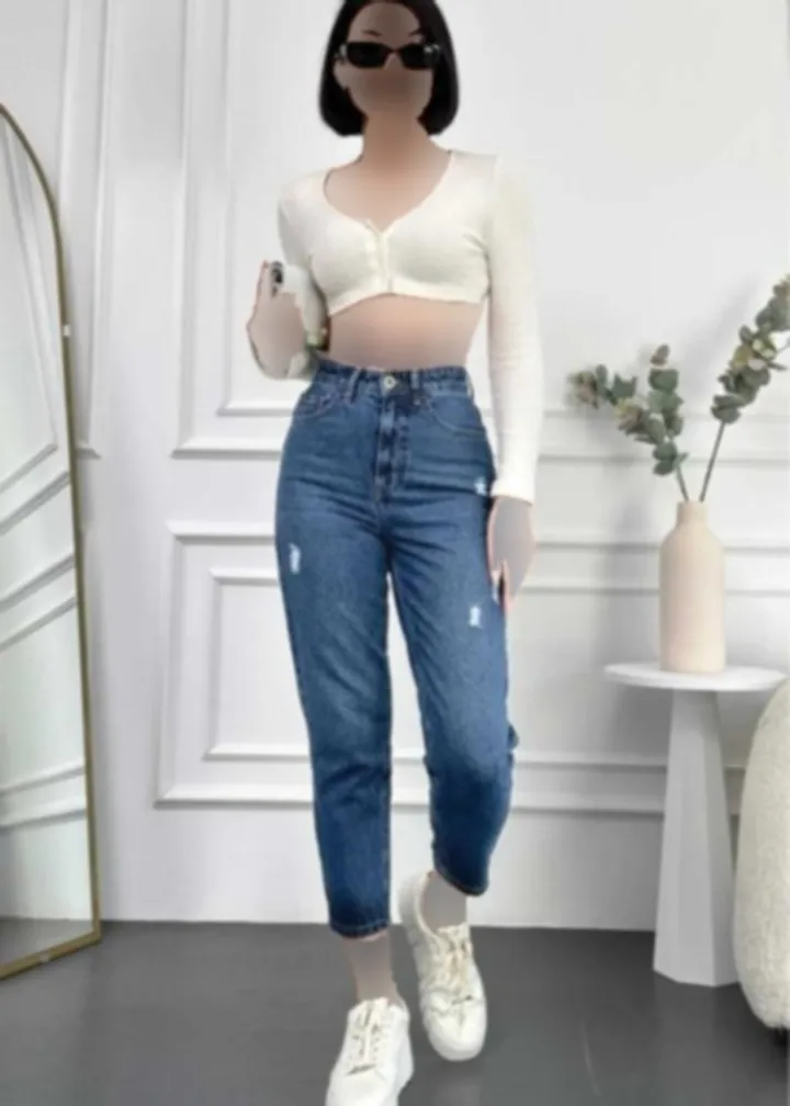 شلوار جین کشی بلند لایکرا آبی زنانه مدل پاره برند HLT JEANS کد 1721060492