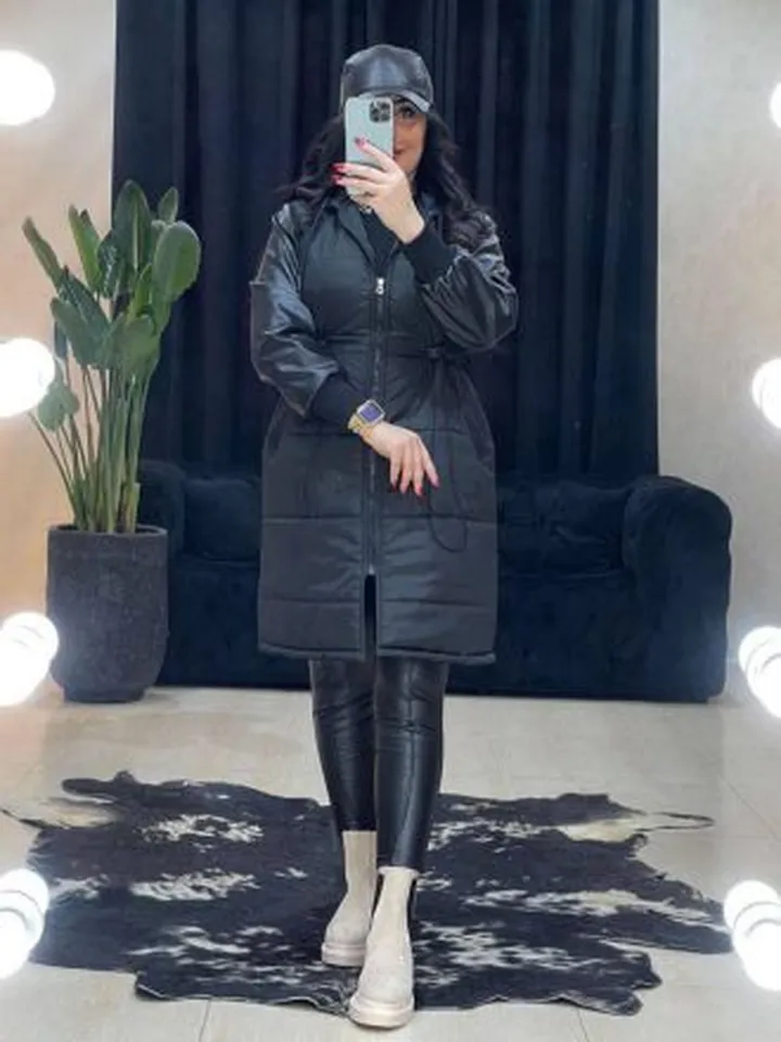کاپشن زنانه بلند  آستین چرم مدل ناربین