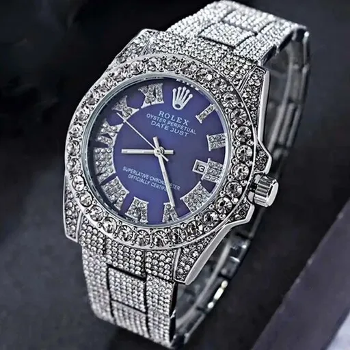 ساعت رولکس فول استون نگین دار بند نقره ای صفحه ابی ROLEX کد1439