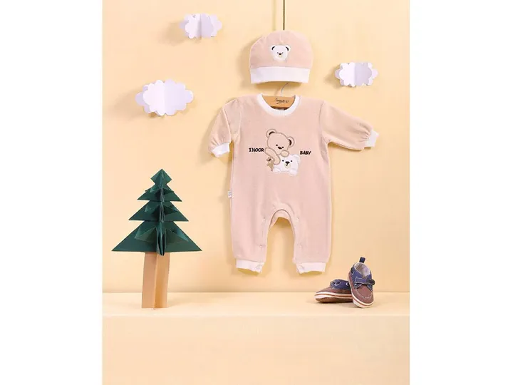 سرهمی مخمل نوزادی دارای کلاه کرم رنگ طرح کله خرس آی نور بیبی inoor baby