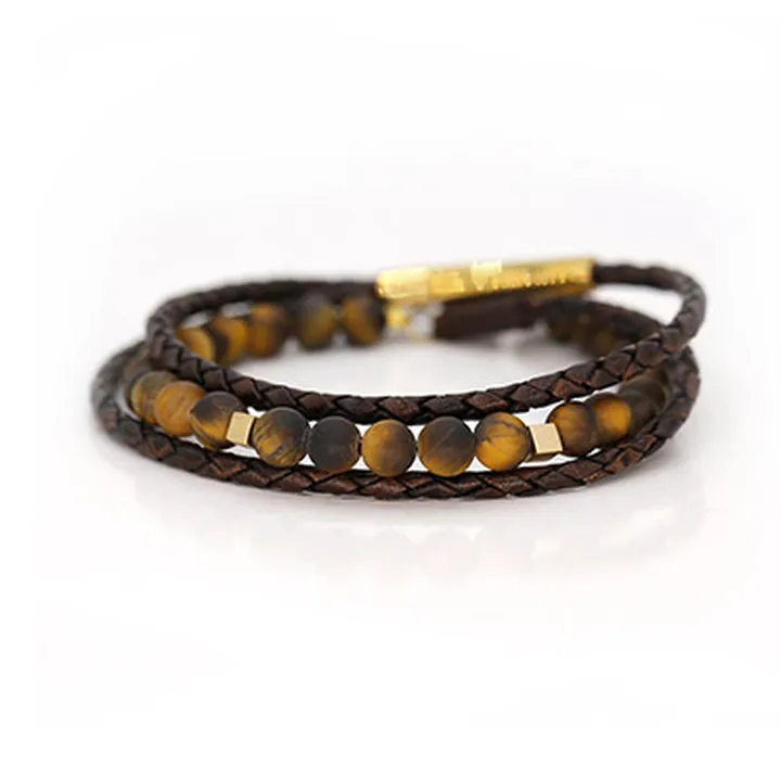 دستبند چرم و طلا مردانه دو مکعب قهوهای