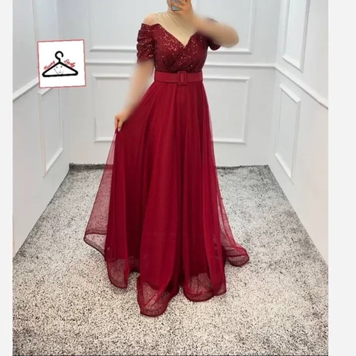 لباس مجلسی زنانه پیراهن ماکسی مجلسی  کمربنددار پولک نازیلا