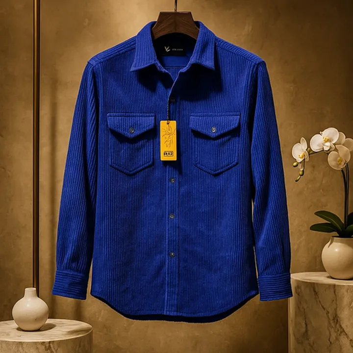 پیراهن مخمل کبریتی پاییزه آبی شالی دو جیب | کیفیت بالا