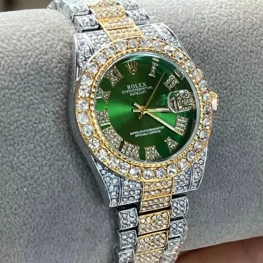 ساعت رولکس فول استون نگین دار بند طلایی نقره ای صفحه سبز ROLEX کد 1434