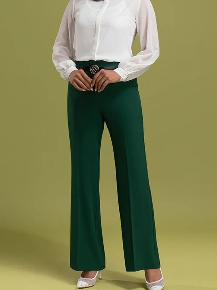 شلوار زنانه پارچه ای کرپ کنزو از بالا کشاد ریزشی کلاسیک پرسته یشمی