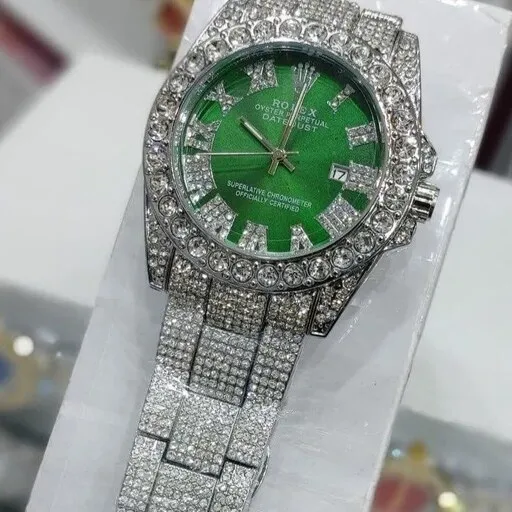 ساعت رولکس فول استون نگین دار بند نقره ای صفحه سبز ROLEX کد 1437