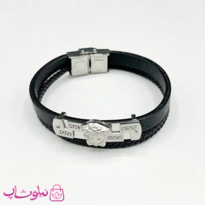 دستبند مردانه چرم و استیل مدل ورساچه برجسته مشکی نقره ای کد 1188
