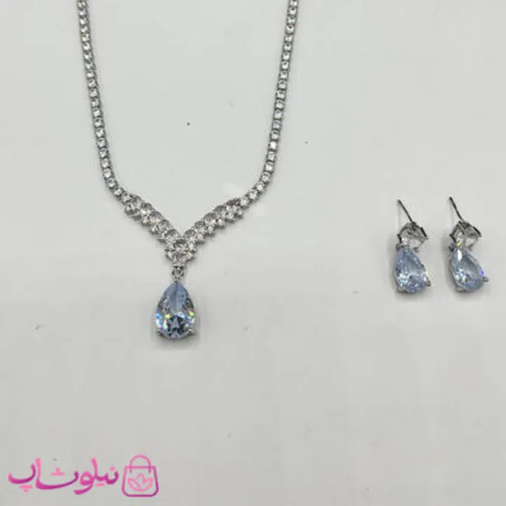 ست گردنبند و گوشواره زنانه تنیسی با کریستال اشکی آبی کد 600