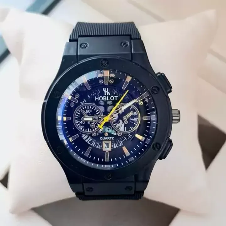 ساعت مچی مردانه (پسرانه) هابلوت Hublot تقویم دار عقره ایی بند سیلیکات مشکی موتور نمایان طرح دو موتوره عقربه طلای�ی کد2738