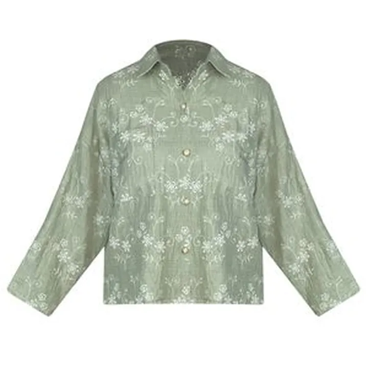 شومیز آستین بلند یقه برگردان زنانه مدل کلوش لینن خامه دوزی کد AK1302 رنگ سبز