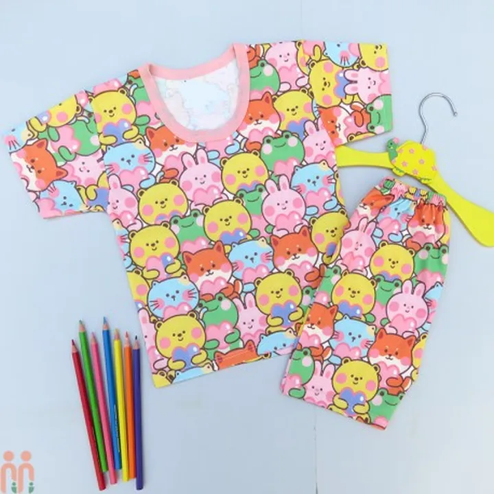 لباس ست تیشرت شلوارک نخی دخترانه صورتی...