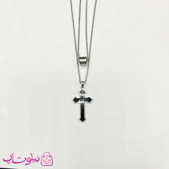گردنبند مردانه دو لاین طرح صلیب مشکی کد 170