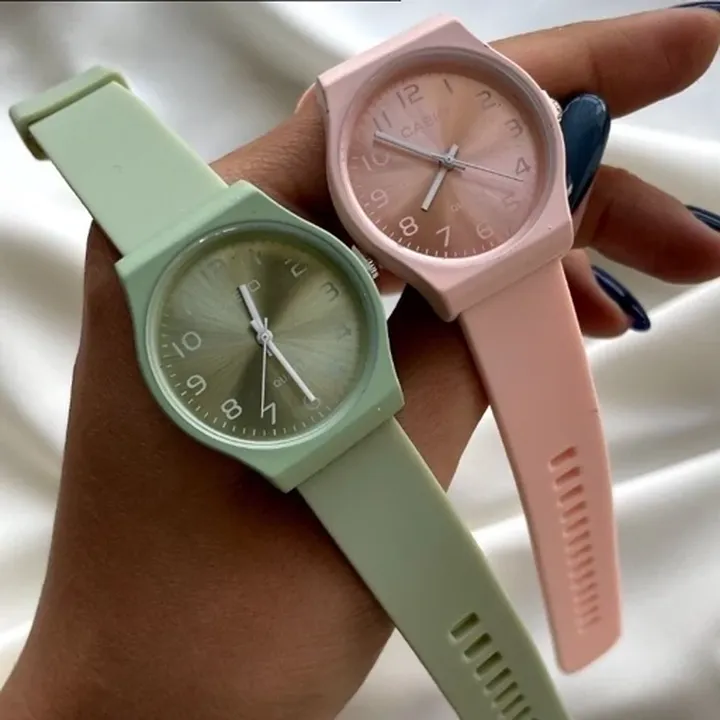 ساعت مچی زنانه و دخترانه کاسیو بند pu پیو (سیلیکونی) Casio سبز-صورتی کد 9393