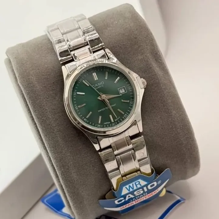ساعت زنانه عقربه ای کاسیو CASIO صفحه گرد سبز تیره بند استیل نقره ایی ضدآب کد 9464