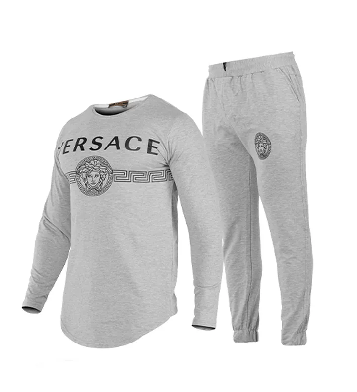 ست بلوز و شلوار مردانه دمپا کش طوسی Versace ساده یقه گرد