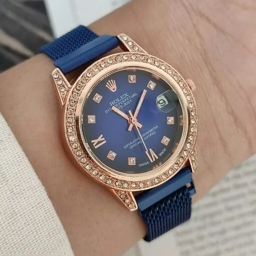 ساعت مچی زنانه و دخترانه بند حصیری قاب نگینی رولکس دیت جاست ROLEX