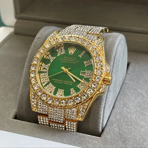 ساعت رولکس فول استون نگین دار بند طلایی صفحه سبز ROLEX کد 1428