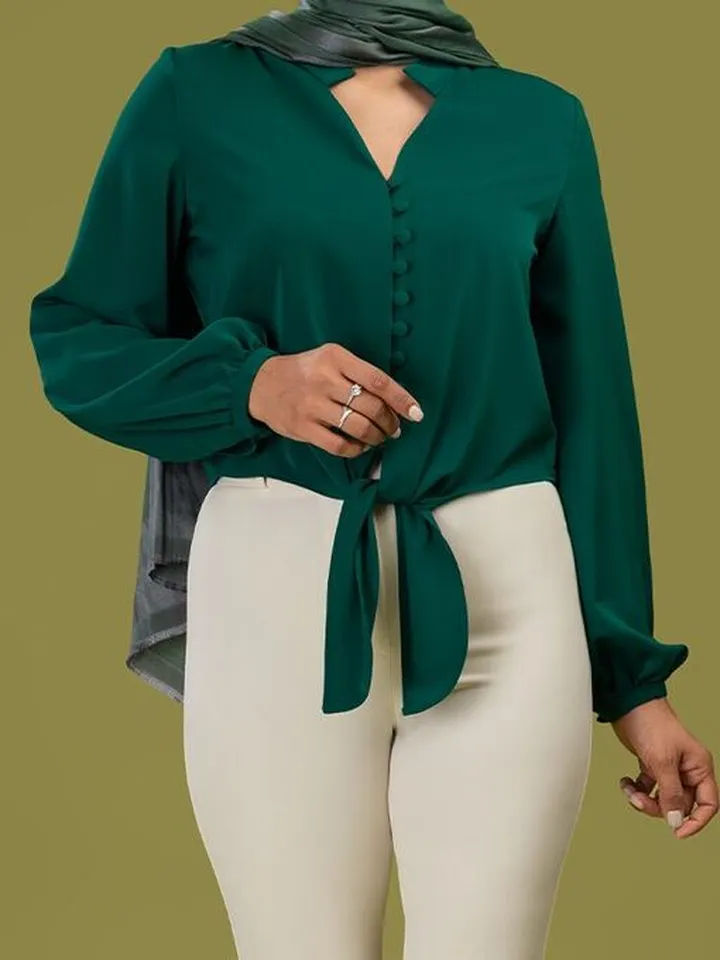 شومیز زنانه کرپ الیزه گره ای تابستانی یقه هفت آزیتا سبز