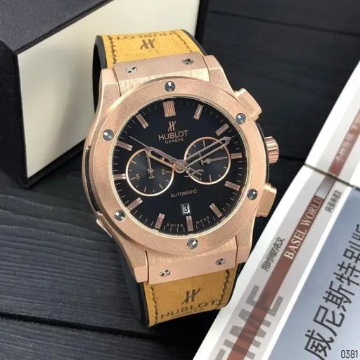 ساعت هابلوت HUBLOT تقویم دار(رنگ قهوه ای صفحه مشکی ) کد 1029 به همراه جعبه شکیل