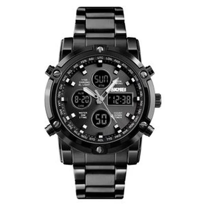ساعت مچی عقربه‌ای 48 میلی‌متری مردانه اسکمی با موتور کوارتز، دارای نمایش 24 ساعته، صفحه‌نمایش ترکیب آنالوگ و دیجیتال طرح‌دار، بدنه فلزی، بند استیل، مدل 1389M
