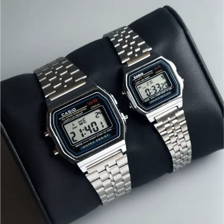 ست ساعت مچی زنانه و مردانه کاسیو دیجیتالی نوستالژی بند نقره ایی استیل CASIO کد1962