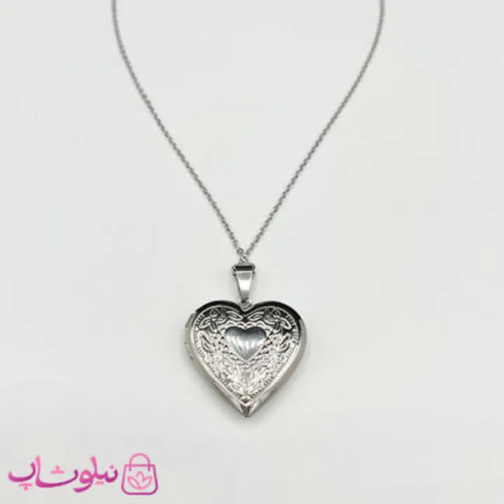 گردنبند زنانه استیل مدل لاکت قلبی بازشو نقره ای