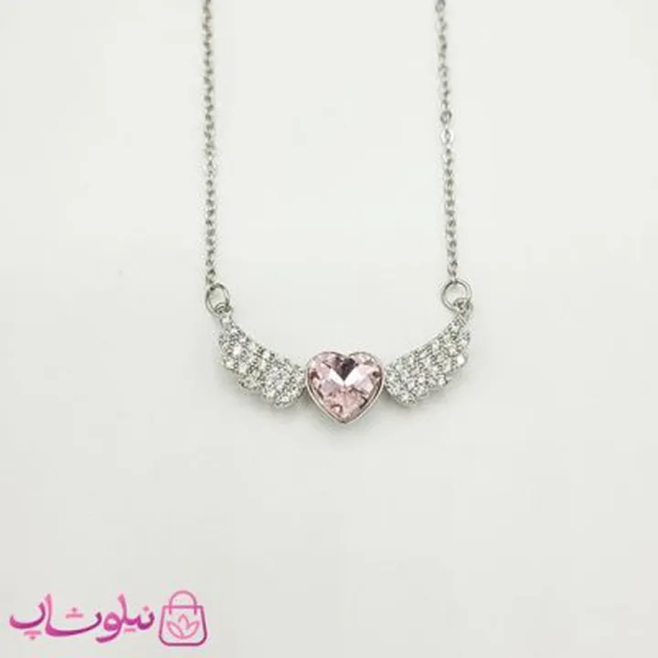 گردنبند دخترانه استیل نقره ای مدل قلب صورتی بالدار کد 116