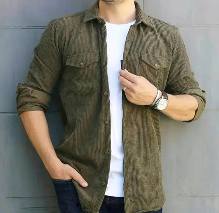 پیراهن مخمل کبریتی سبز سدری مردانه پاییز 1404