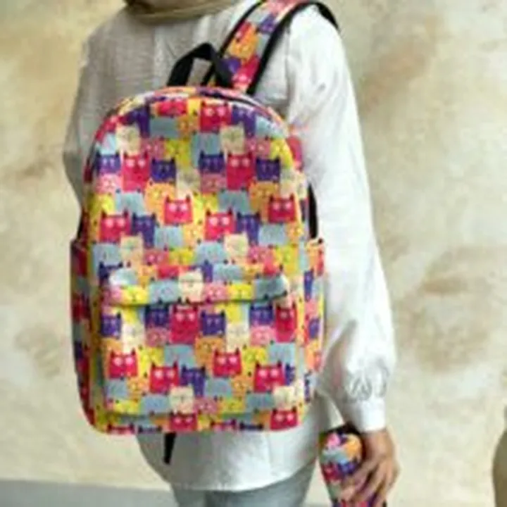 ست کوله پشتی و جامدادی گربه کوچک رنگی روشن