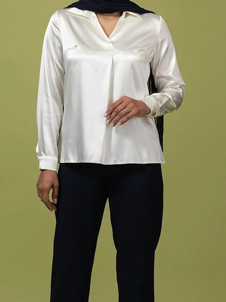 بلوز زنانه ساتن یقه مردانه کلاسیک آستین بلند فروغ سفید